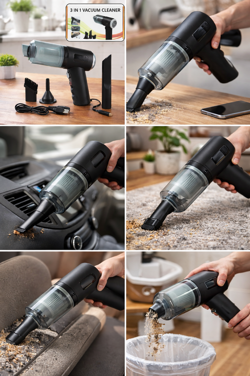 3 in 1 Wireless Mini Car Vacuum Cleaner – Powerful Suction, Rechargeable, with Blower Function for Car & Home